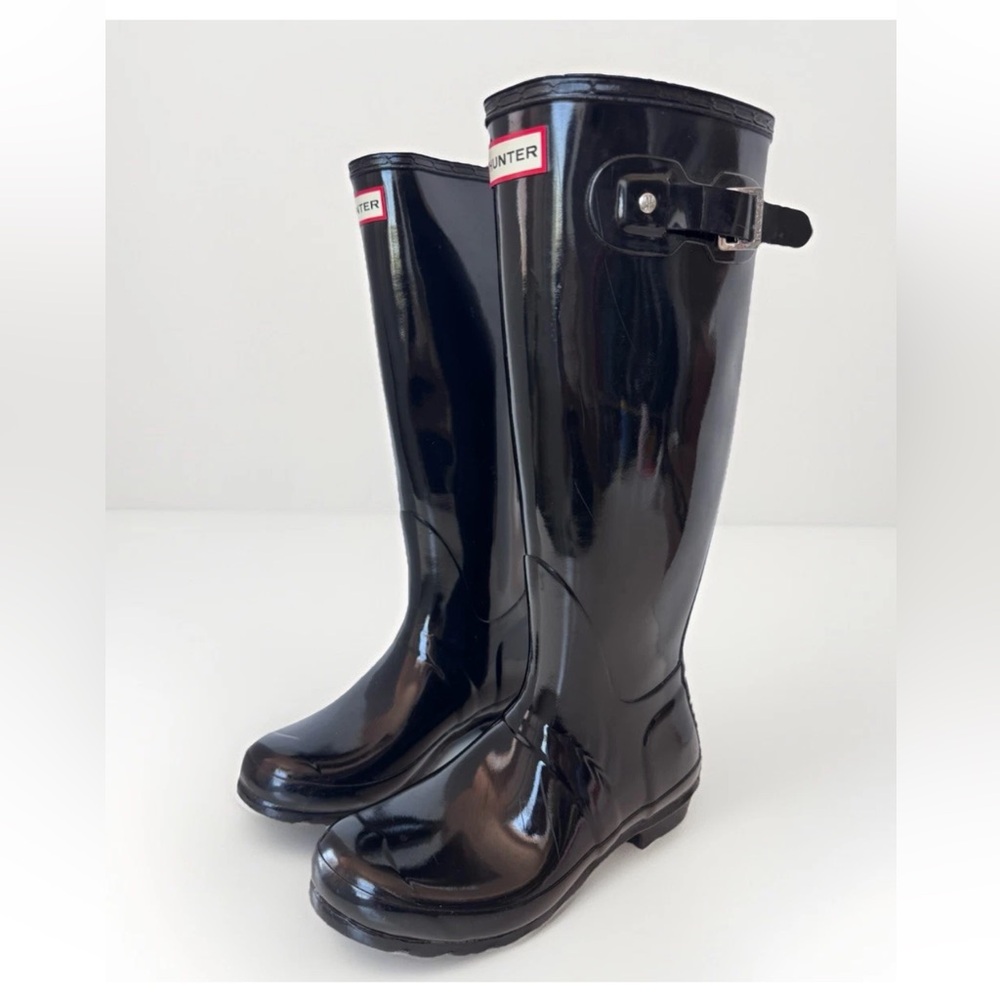Hunter Original Tall Black Gloss Rubber Rain Boots Shoes Women’s Size 7
